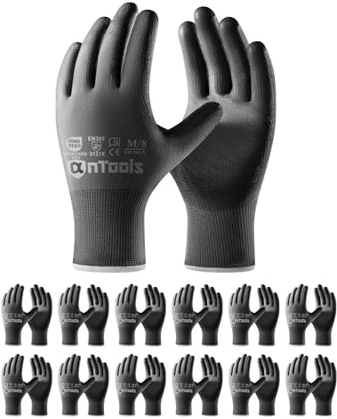 antools 12 Paires Gants de Travail pour Homme et Femme – Revêtement PU Anti-Dérapant, Légers et Respirants, Excellente Prise, Idéaux pour Travaux Généraux et Jardinage, Gris, Taille 9/L