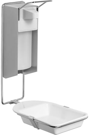 ARNOMED 1 Distributore di disinfettante con vaschetta di raccolta, dispenser in alluminio da 500 ml, dispenser di sapone per montaggio a parete con leva corta, dispenser Euro per disinfettante