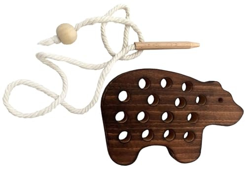 NoriKids Fädelspiel aus Holz – Motorikspielzeug – Motiv Bär (Dunkelbraun)