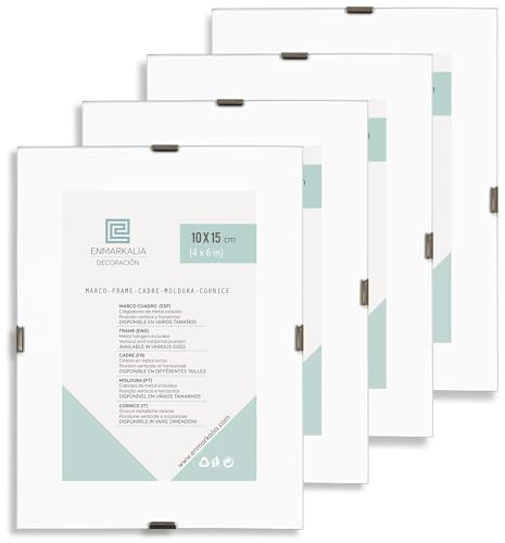 PACK X4 - 10x15 cm Marco Clip de cristal - portafoto sin marco - soporte para fotos, diplomas y certificados - cristal con cantos pulidos - incluye peana para ponerlo de pie y colgadores de pared