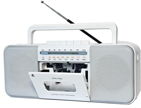 Reproductor de Cassette, grabadora de Cassette, grabación de Radio Am/FM/SW en Casette/USB, convertidor de Cassette a MP3, con Bluetooth, Altavoz Grande de 10 W, portátil (Blanco)