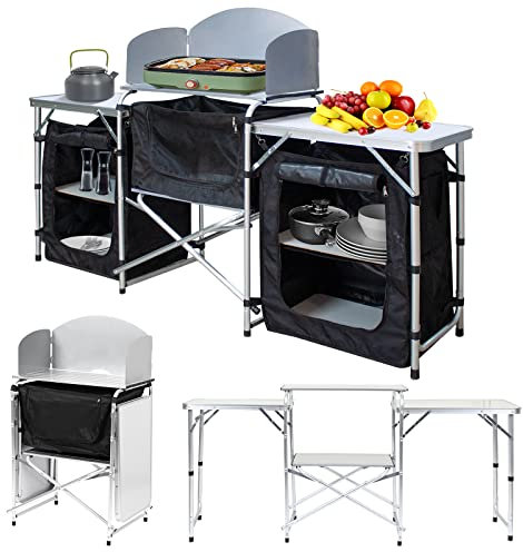 Eikuavons Campingküche Kompakte Outdoor-Küche mit Aluminium-Tischplatte, Spritzschutz & Staufächer Campingschrank Reiseküche, Ideal für Camping, Garten und Outdoor-Aktivitäten