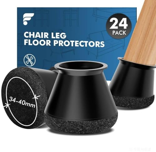 Shinfly Protector Patas sillas Silicona Redonda 24 Piezas, Tacos para Patas de sillas con Fieltro de Alta Densidad, Antirrayaduras y Antirruido, Protegen el Suelo (L 34-40 mm, Negro)