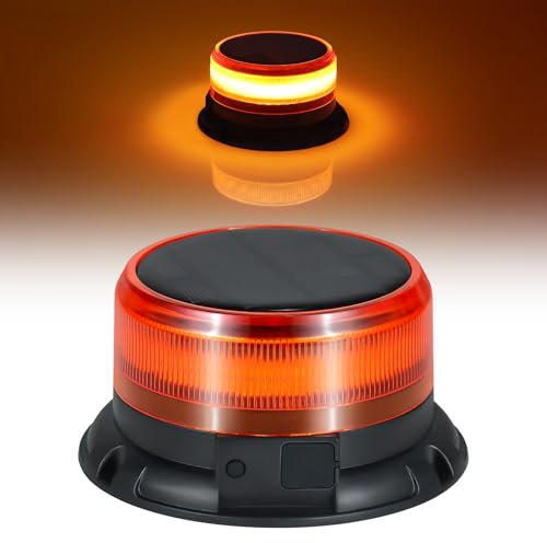 Fxlpower Gelbe LED Rundumleuchte | Solar & Akku-Betrieben | Magnetisch | 9 Blitzmodi | Warnleuchte für LKW, Baufahrzeuge, Wohnmobil, Auto, Stapler, Traktor, Golfwagen, Anhänger, Schneepflug