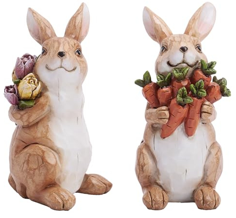 Valery Madelyn Easter Bunny Decorations, Medium 2Pcs Couple Rabbit Figurines, Cute Resin Bunny Statues with Flowers and Carrots, Spring Holiday Tabletop Centerpieces, Home Tiered Tray Decor