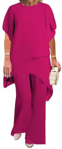Traje de noche de tul para mujer, camisa y pantalones de gasa de dos piezas, conjunto de camisa y pantalones de cintura alta, traje de fiesta de gasa de dos piezas, Rosa Roja, XL
