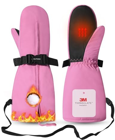 KUTOOK Guantes de esquí Manoplas Snowboard para niños Guantes cálidos de Invierno Forro Polar térmico Antiviento Impermeables Esquí Deportes de Invierno Rosa L