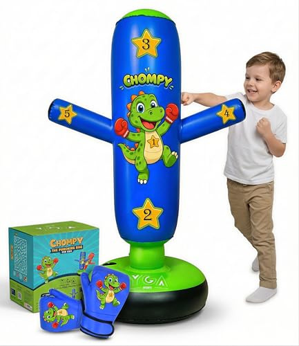 CHOMPY Inflatable Punching Bag for Kids 3-6: Dinosaur 48 Kids Punching Bag with Boxing Gloves - Kid Boxing Set - Gifts for Boys and Girls - Inflatable Hands with 5 Star Targets (Blue Chompy)