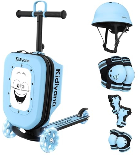 Kidiyana Scooter resväska, barnväska med skoter och LED-hjul, höjdjusterbart styre, A5-visningsfönster, 7 cm förvaringsutrymme, lämplig som handbagage, skoter, gåva från 2 år