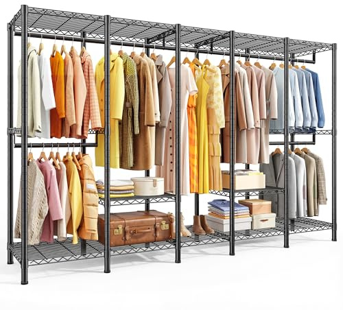 Cliporix Clothes Rail, 544KG Strong Heavy Duty Clothing Rail with Sturdy Hanging Rods & Adjustable Shelves, Metal Spacious Freestanding Open Wardrobes Closet for Dressing Room, Walk-in Closet (Black)