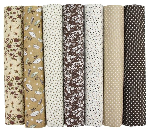 7pcs Fat Quarters Fabric Bundles - 50 x 50cm/20x20 Precut Brown Cotton Quilting Fabric Squares, 100% Cotton Fabric Bundles for Sewing, Patchwork, DIY Crafts, Home Décor