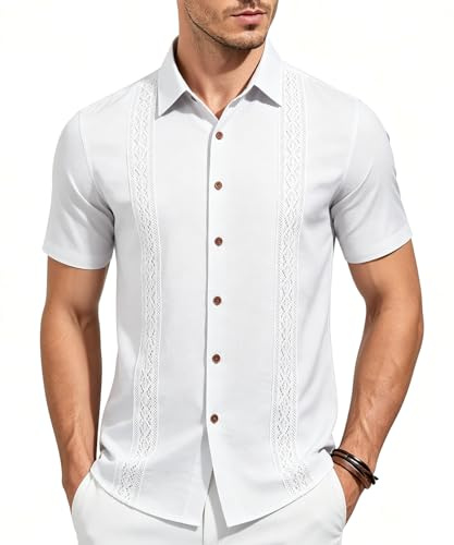Mauro Kane Camicia Guayabera Uomo Maniche Corte, con Bottoni, Leggera Traspirante Comoda, Camicia Estiva da Tempo Libero Bianco L