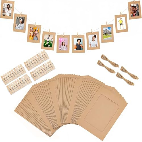 SERAVA Lot de 40 Cadres Photo Carton Papier Kraft 10x15 cm Guirlande Photo | Accroche Photo avec Pinces Bois Papier Kraft Marron Corde Jute Porte Photo Mural DIY Mariage Anniversaire Fête Guirlande