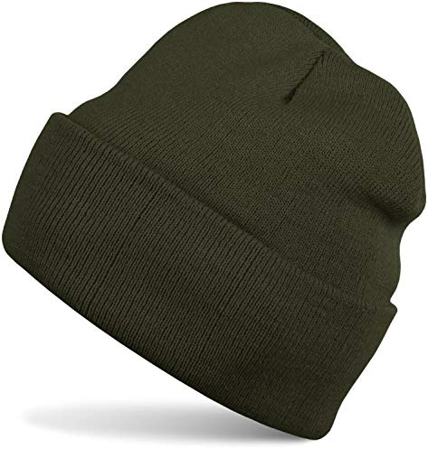 styleBREAKER Unisex stickad mössa med uppvik i akryl,Oliv