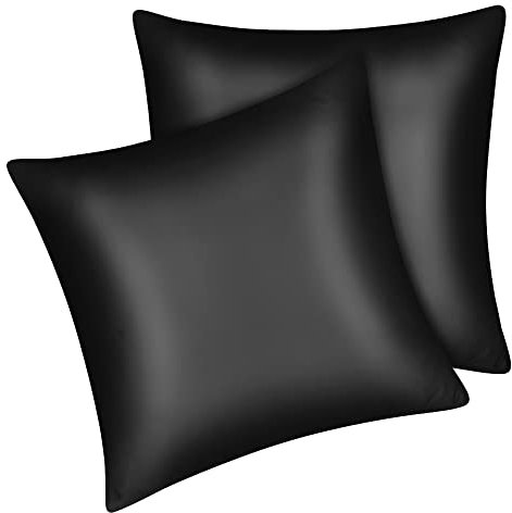 Fittia 2er-Set Satin Kissenbezug Premium Kopfkissenbezug Kissenhülle Haar- und Hautpflege Seidig mit Reißverschluss, Schwarz, 80x80cm