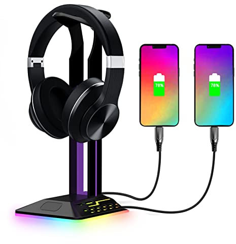 RGB-hörlursställ med 2 USB-laddarportar, Hållare för Spelheadset för Gamer Desktop Bord Spelartillbehör, för Gamer Boys Girls Present