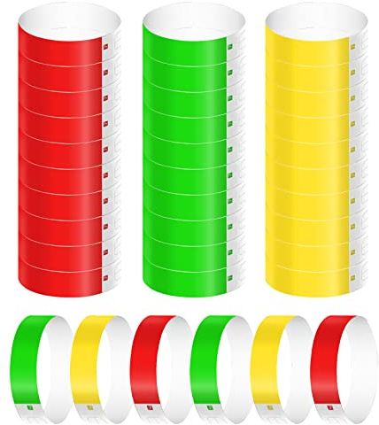 KINBOM 300 Piezas Pulseras Identificativas, Impermeables Pulseras de Papel para Eventos Coloridas Pulseras de Entrada para Eventos Fiestas Conciertos Festivales de Música (Verde, Rojo, Amarillo)