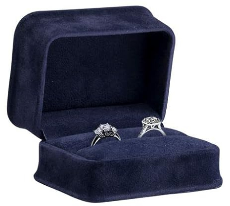 Allure - Rich Suede Navy Blue Luxury Ring Box With Double Ring Slot, Elegant Diamond Ring Case, With Blue Velour Interior, Jewelry Display Gift Box, For Unique Proposal Or Wedding