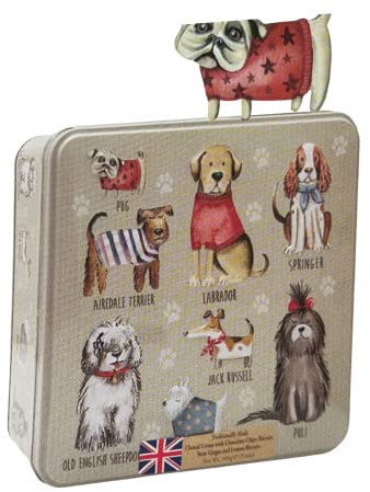 Embossed Biscuit Tin Gift Set | Stem Ginger & Lemon and Clotted Cream Chocolate Chip Shortbread Biscuit Gift | Valentines Day, Birthday Gift, Thank You Gifts | Mothers Day (Dogs in Jumper)