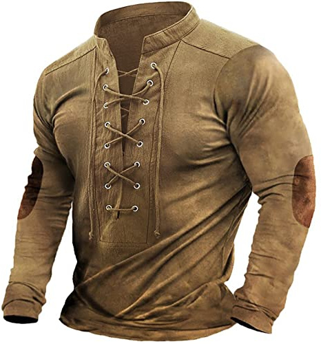Gefomuofe Men's Linen Shirt Medieval Shirt Viking Costume Lace-Up Shirt Renaissance Victorian Steampunk Pirate Shirt Men's Hawaiian Shirt with Stand-Up Collar V Neck Men's Top, khaki, L