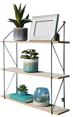 YORKSHIRE HOMEWARE 3 Tier Floating Shelf | Wall Shelves for Bedroom | Wall Mounted Bookcase Hanging Shelves | Book Shelves for Room | Display Wooden Shelving Unit (Shelf With Black Wires (G-0353)