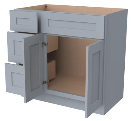 CozyHommie Solid Wood RTA Bathroom Vanity Sink Base Cabinet Sink Storage Cabinet with 2 Doors and 3 Left Drawers, Freestanding Bathroom Cabinet（Gray, 42”W × 21”D × 34-1/2”H