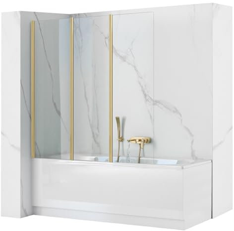 Rea Paroi de Baignoire Pliante Agat-3 120 Brush Gold Pare-Baignoire 120 x 140 cm Épaisseur de Verre 5 mm (Finition du Profil : Or Brossé)