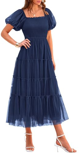 PRETTYGARDEN Women's Smocked Midi Tulle Dress 2025 Summer Puffy Short Sleeve Square Neck Ruffle Wedding Guest Party Dresses (Navy,Medium)