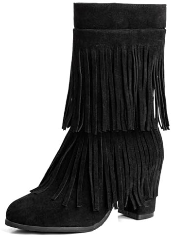 Lizoleor Classico Donna Stivali Con Le Frange Tacco Alto Zip Laterale Punta Rotonda Tacco A Blocco Retrò Sude Autunno A Collo Alto Stivali Equitazione Nero Numero 34 Eu