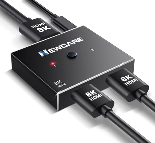 NEWCARE HDMI Switch 4K@120Hz, 8K@60Hz HDmi Bidirectional Switcher Splitter supports 2 in 1 Out, 1 in 2 Out, 48 Gbps, HDR, 3D Surround Sound, Aluminum HDMI 2.1 Switch for PS5/4, XBOX, Blue-ray Player