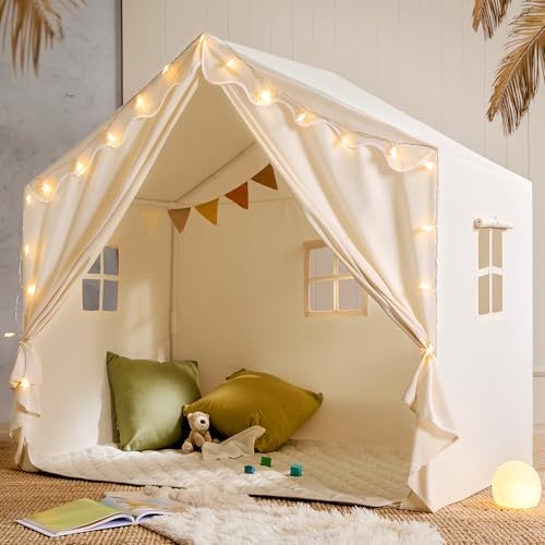 Tiny Land Kids Tent with Mat and Star Lights, Indoor Playhouse for Toddlers, 57x36x52 Large Reading Nook for Girls & Boys, Modern Bed Canopy for Kids Room, Teepe Tent