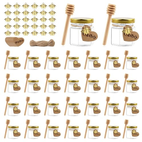 30pcs 45ml Mini Tarros de Miel Hexagonales con Cucharones de Madera, Miel Tarros de Vidrio con Tapa, Colgantes de Abejas, Etiquetas de Papel Kraft, Mini Tarro para Boda Regalos Invitados, Baby Shower
