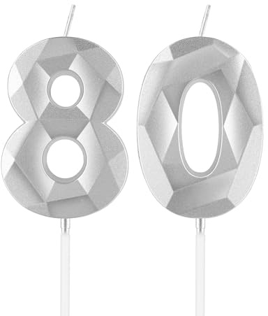 mciskin Silver 80th Birthday Candles, 80th Birthday Decorations for Women Men,3D Number 80 Candles for Cake,Silver Candle Cake Topper Decorations for Birthday Party Weddings Anniversary Supplies