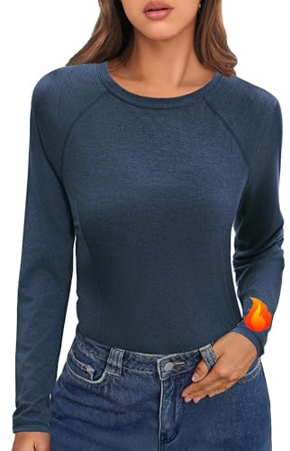 Crewhpo Camiseta Termica Mujer Manga Larga Ropa Interior Elástica y Transpirable Camisetas Térmica Cuello Redondo Tops para Running Fitness Esquí