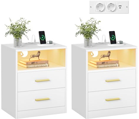 VASAGLE CUSTOS Collezione - Set di 2 Comodini con Stazione di Ricarica, Luce LED, Tavolini Moderni con Cassetti, Ripiano Aperto, 2 Prese AC e Porte USB, Bianco Nuvola LET829WB01