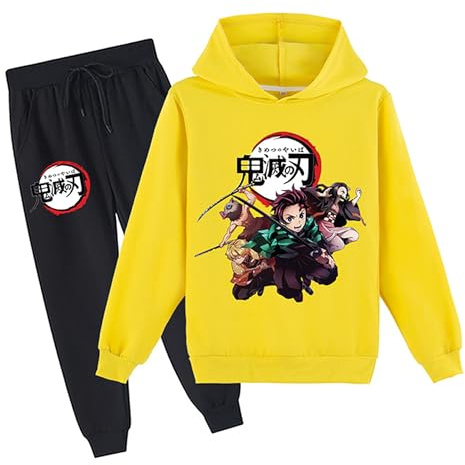 Satdflie Giapponese Anime Demon Slayer Lounge Wear Sets Maglia a maniche lunghe Pullover con pantaloni da maglia 2 pezzi Outfits Unisex Maglia a cappuccio Set completo, giallo, M