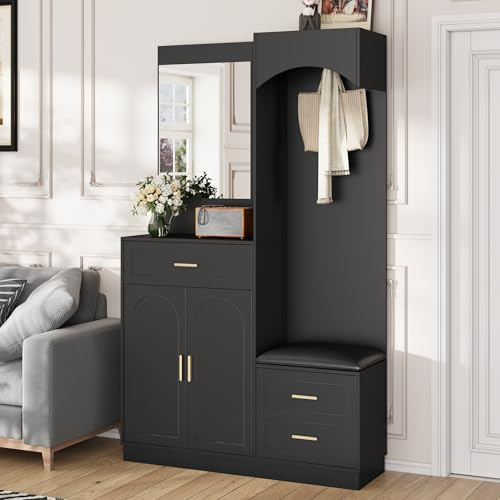 Ligterra Armadio con specchio, corridoio, guardaroba e scarpiera, combinazione di mobili per corridoio, ingresso, scaffale multifunzionale, camera da letto, set di guardaroba (nero)