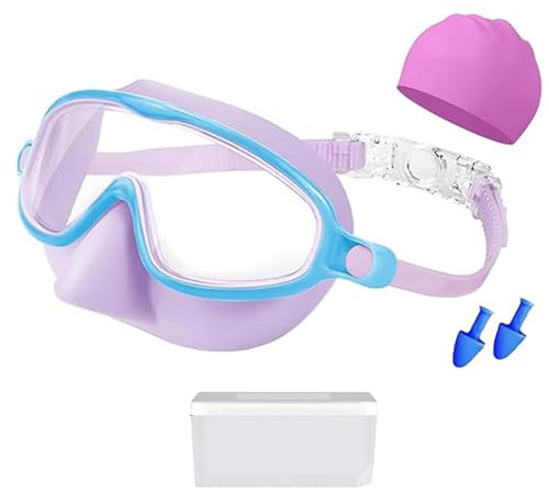 Haodream Occhialini da Nuoto per Bambini con Tappi per Le Orecchie e Cappello, Ampia Vista a Tenuta Stagna, d'Acqua per Bambini Ragazzi Ragazze Occhialini da Nuoto per Bambini
