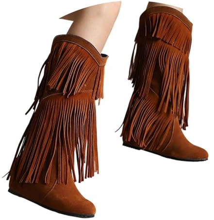 HTNEDNST Botines de vaquero para mujer, con flecos, botas de vaquero, botas occidentales, elegantes, vintage, cómodas, con tacón de bloque, botas de equitación de media altura, A02 Brown, 38 EU
