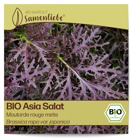 Samenliebe BIO Asia Salat Samen Moutarde rouge metis mittelscharfer senfartiger Blattsenf Wintersalat rot 0,9g samenfestes Gemüse Saatgut für Gewächshaus Freiland und Balkon BIO Gemüsesamen winterhart