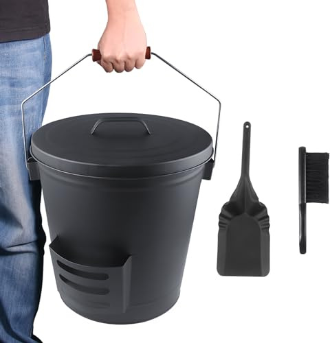 Ash Bucket with Lid and Shovel Hand Broom, 5.15 Gallon Large Galvanized Iron Metal Fireplace Tools Ash Pail for Fire Places Fire Pits Wood Burning Stoves Hearth Accessories Indoor Outdoor, Black