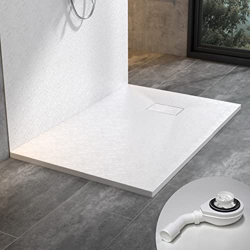 WITEN&NOCK Duschwanne 100x80 cm SMC Brausewanne Weiß Steinoptik Antirutsch Duschtasse Höhe 3,2 cm Niedrige Schwelle Extraflach Brausetasse und Ablaufgarnitur Ø 90 mm