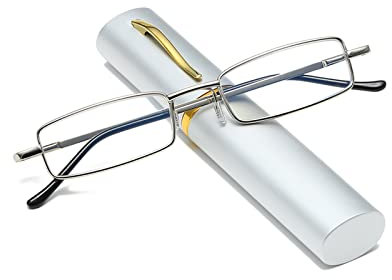 Hubeye Slim Pen Reading Glasses Tube Reader Glasses Men Women Anti Blue Light Small Reader Spring Hinged Eyeglasses with Portable Clip Case 2.50