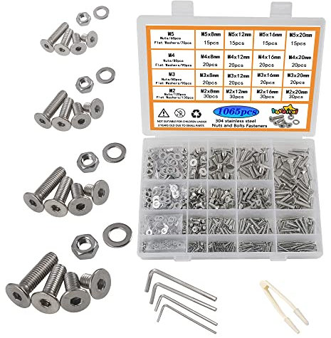 huruirui M2 M3 M4 M5 Muttern und Schrauben Unterlegscheiben Sortierter Satz, 1065pcs Innensechskantschrauben 304 Edelstahl Schrauben und Muttern, Gewindemaschine Hex Bolzen Set Reparatur Werkzeuge