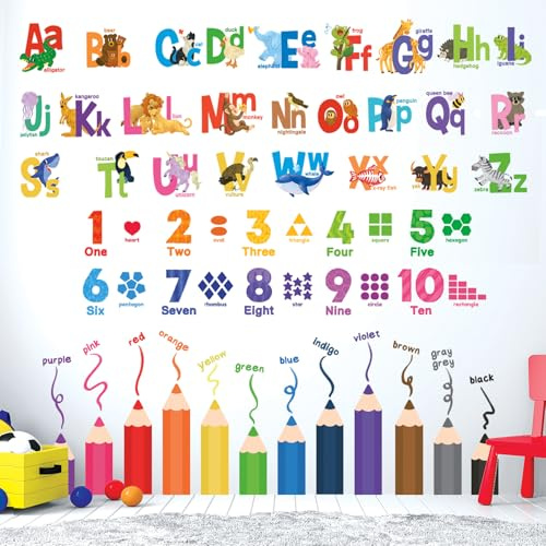 DECOWALL Animal Alphabet Numbers Colouring Pencils Wall Stickers (SG3-2316)