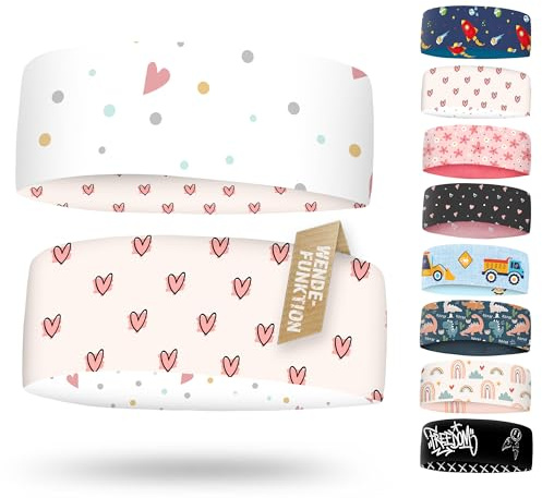 Bandeau enfant fin réversible, bandeau de sport ultra léger pour fille et garçon, élastique, respirant, idéal sous le casque, 2-8 ans (Cœurs blancs)