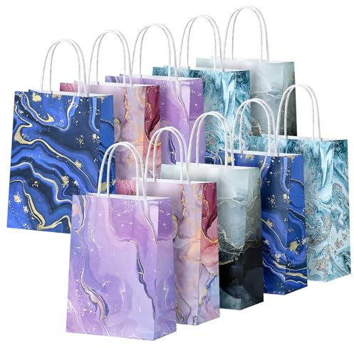 BBLIKE Sac Cadeau Kraft Petit - 10 Pièces Pochette Papier Cadeau Anniversaire Avec Anse, Sachet Paquet Cadeaux Différentes Couleurs pour Garçons Filles Noël Fête Anniversaire, Mariage（Marbre Coloré）