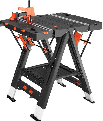 LARBANKE Banco de Trabajo Plegable 2 en 1 Multifunción, Mesa de Trabajo Impermeable de 79 x 81 x 63,5 cm, Altura Ajustable Con 4 Abrazaderas