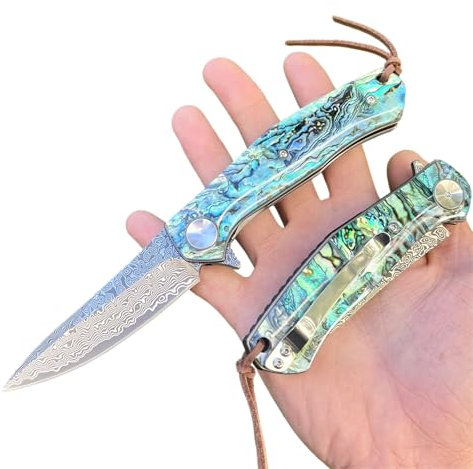 Obespina Couteau Pliant Poche Damas luxe Acier 67 Couches VG10 Damascus Lame Tranchante Manche Abalone Nacre Collection Cadeau Homme edc chasse Custom Artisanat Femme Linerlock Edc