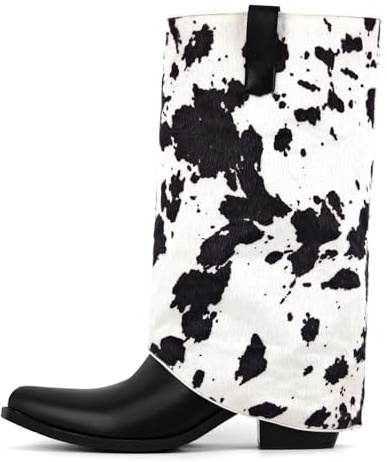 richealnini Foldover Cowboy Boots with Cow Print Pull On Tab Retro White Cowgirl Boots Wide Calf Combat Riding Biker Harness Booties Black Pointed Toe Women Dressy Animal Print Size 8